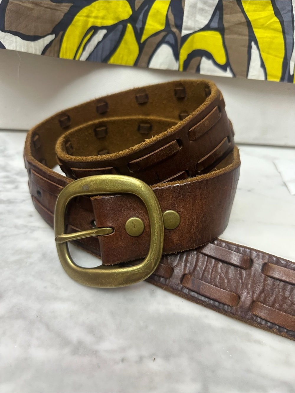 Vintage Lucky Brand Leather Men’s Belt with Brass Buckle